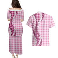 Pink Hawaii Palaka Couples Matching Puletasi and Hawaiian Shirt Hawaiian Honohono Lei
