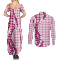 Pink Hawaii Palaka Couples Matching Summer Maxi Dress and Long Sleeve Button Shirt Hawaiian Honohono Lei