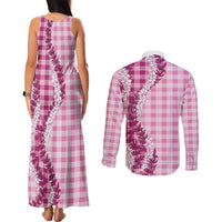 Pink Hawaii Palaka Couples Matching Tank Maxi Dress and Long Sleeve Button Shirt Hawaiian Honohono Lei