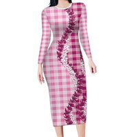 Pink Hawaii Palaka Long Sleeve Bodycon Dress Hawaiian Honohono Lei
