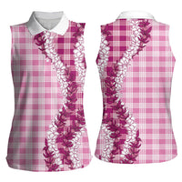Pink Hawaii Palaka Women Sleeveless Polo Shirt Hawaiian Honohono Lei