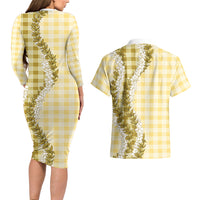 Yellow Hawaii Palaka Couples Matching Long Sleeve Bodycon Dress and Hawaiian Shirt Hawaiian Honohono Lei LT05 - Polynesian Pride