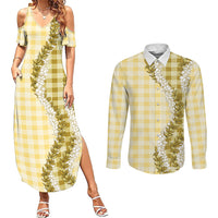 Yellow Hawaii Palaka Couples Matching Summer Maxi Dress and Long Sleeve Button Shirt Hawaiian Honohono Lei