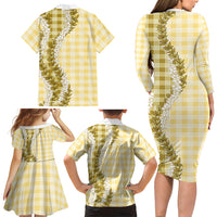 Yellow Hawaii Palaka Family Matching Long Sleeve Bodycon Dress and Hawaiian Shirt Hawaiian Honohono Lei LT05 - Polynesian Pride