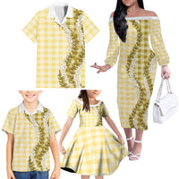 Yellow Hawaii Palaka Family Matching Off The Shoulder Long Sleeve Dress and Hawaiian Shirt Hawaiian Honohono Lei LT05 - Polynesian Pride