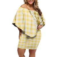 Yellow Hawaii Palaka Off Shoulder Short Dress Hawaiian Honohono Lei