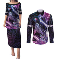 Hawaiian Monk Seal Couples Matching Puletasi and Long Sleeve Button Shirt Kakau Tribal Pattern Violet Gradient