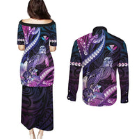 Hawaiian Monk Seal Couples Matching Puletasi and Long Sleeve Button Shirt Kakau Tribal Pattern Violet Gradient