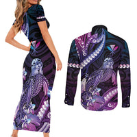Hawaiian Monk Seal Couples Matching Short Sleeve Bodycon Dress and Long Sleeve Button Shirt Kakau Tribal Pattern Violet Gradient
