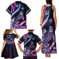 Hawaiian Monk Seal Family Matching Tank Maxi Dress and Hawaiian Shirt Kakau Tribal Pattern Violet Gradient