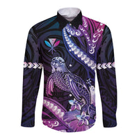 Hawaiian Monk Seal Long Sleeve Button Shirt Kakau Tribal Pattern Violet Gradient
