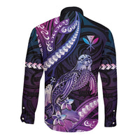 Hawaiian Monk Seal Long Sleeve Button Shirt Kakau Tribal Pattern Violet Gradient