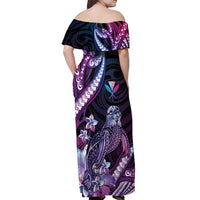 Hawaiian Monk Seal Off Shoulder Maxi Dress Kakau Tribal Pattern Violet Gradient