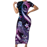 Hawaiian Monk Seal Short Sleeve Bodycon Dress Kakau Tribal Pattern Violet Gradient