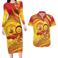 Vanuatu 46 Yia Indipendens Anivesari Couples Matching Long Sleeve Bodycon Dress and Hawaiian Shirt Tamtam Drum With Boar Tusk LT05 Yellow - Polynesian Pride