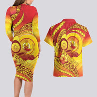 Vanuatu 46 Yia Indipendens Anivesari Couples Matching Long Sleeve Bodycon Dress and Hawaiian Shirt Tamtam Drum With Boar Tusk LT05 - Polynesian Pride