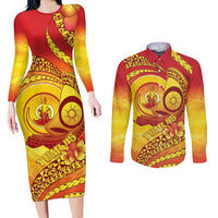 Vanuatu 45 Yia Indipendens Anivesari Couples Matching Long Sleeve Bodycon Dress and Long Sleeve Button Shirt Tamtam Drum With Boar Tusk LT05 Yellow - Polynesian Pride