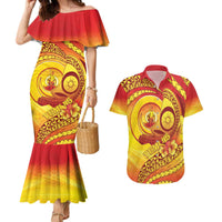 Vanuatu 46 Yia Indipendens Anivesari Couples Matching Mermaid Dress and Hawaiian Shirt Tamtam Drum With Boar Tusk LT05 Yellow - Polynesian Pride