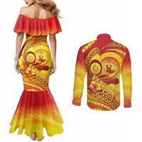 Vanuatu 46 Yia Indipendens Anivesari Couples Matching Mermaid Dress and Long Sleeve Button Shirt Tamtam Drum With Boar Tusk LT05 - Polynesian Pride