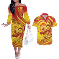 Vanuatu 46 Yia Indipendens Anivesari Couples Matching Off The Shoulder Long Sleeve Dress and Hawaiian Shirt Tamtam Drum With Boar Tusk LT05 Yellow - Polynesian Pride