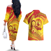 Vanuatu 46 Yia Indipendens Anivesari Couples Matching Off The Shoulder Long Sleeve Dress and Hawaiian Shirt Tamtam Drum With Boar Tusk LT05 - Polynesian Pride