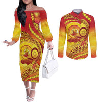 Vanuatu 46 Yia Indipendens Anivesari Couples Matching Off The Shoulder Long Sleeve Dress and Long Sleeve Button Shirt Tamtam Drum With Boar Tusk LT05 Yellow - Polynesian Pride