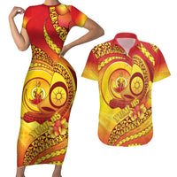 Vanuatu 46 Yia Indipendens Anivesari Couples Matching Short Sleeve Bodycon Dress and Hawaiian Shirt Tamtam Drum With Boar Tusk LT05 Yellow - Polynesian Pride