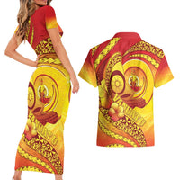 Vanuatu 46 Yia Indipendens Anivesari Couples Matching Short Sleeve Bodycon Dress and Hawaiian Shirt Tamtam Drum With Boar Tusk LT05 - Polynesian Pride