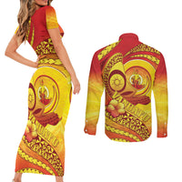 Vanuatu 46 Yia Indipendens Anivesari Couples Matching Short Sleeve Bodycon Dress and Long Sleeve Button Shirt Tamtam Drum With Boar Tusk LT05 - Polynesian Pride