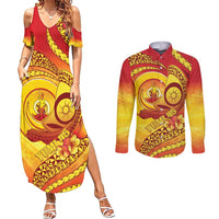 Vanuatu 46 Yia Indipendens Anivesari Couples Matching Summer Maxi Dress and Long Sleeve Button Shirt Tamtam Drum With Boar Tusk LT05 Yellow - Polynesian Pride