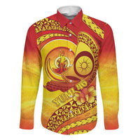 Vanuatu 46 Yia Indipendens Anivesari Family Matching Long Sleeve Bodycon Dress and Hawaiian Shirt Tamtam Drum With Boar Tusk LT05 Dad's Shirt - Long Sleeve Yellow - Polynesian Pride