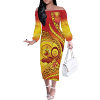 Vanuatu 46 Yia Indipendens Anivesari Family Matching Off The Shoulder Long Sleeve Dress and Hawaiian Shirt Tamtam Drum With Boar Tusk LT05 Mom's Dress Yellow - Polynesian Pride