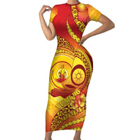 Vanuatu 46 Yia Indipendens Anivesari Family Matching Short Sleeve Bodycon Dress and Hawaiian Shirt Tamtam Drum With Boar Tusk LT05 Mom's Dress Yellow - Polynesian Pride