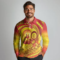 Vanuatu 46 Yia Indipendens Anivesari Long Sleeve Polo Shirt Tamtam Drum With Boar Tusk LT05 - Polynesian Pride