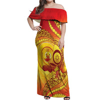Vanuatu 46 Yia Indipendens Anivesari Off Shoulder Maxi Dress Tamtam Drum With Boar Tusk LT05 Women Yellow - Polynesian Pride