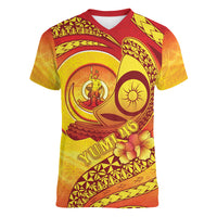 Vanuatu 45 Yia Indipendens Anivesari Women V-Neck T-Shirt Tamtam Drum With Boar Tusk - Polynesian Pride