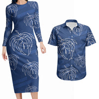 Aloha Hawaii Acacia Koa Leaves Couples Matching Long Sleeve Bodycon Dress and Hawaiian Shirt Navy Kakau Tribal Pattern