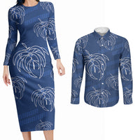 Aloha Hawaii Acacia Koa Leaves Couples Matching Long Sleeve Bodycon Dress and Long Sleeve Button Shirt Navy Kakau Tribal Pattern