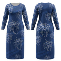 Aloha Hawaii Acacia Koa Leaves Couples Matching Long Sleeve Bodycon Dress and Long Sleeve Button Shirt Navy Kakau Tribal Pattern