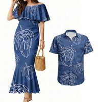 Aloha Hawaii Acacia Koa Leaves Couples Matching Mermaid Dress and Hawaiian Shirt Navy Kakau Tribal Pattern