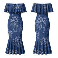 Aloha Hawaii Acacia Koa Leaves Couples Matching Mermaid Dress and Hawaiian Shirt Navy Kakau Tribal Pattern