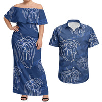 Aloha Hawaii Acacia Koa Leaves Couples Matching Off Shoulder Maxi Dress and Hawaiian Shirt Navy Kakau Tribal Pattern