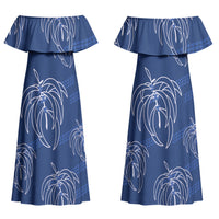 Aloha Hawaii Acacia Koa Leaves Couples Matching Off Shoulder Maxi Dress and Hawaiian Shirt Navy Kakau Tribal Pattern