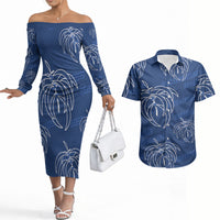 Aloha Hawaii Acacia Koa Leaves Couples Matching Off The Shoulder Long Sleeve Dress and Hawaiian Shirt Navy Kakau Tribal Pattern