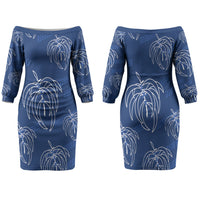 Aloha Hawaii Acacia Koa Leaves Couples Matching Off The Shoulder Long Sleeve Dress and Hawaiian Shirt Navy Kakau Tribal Pattern