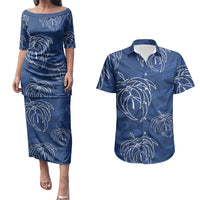 Aloha Hawaii Acacia Koa Leaves Couples Matching Puletasi and Hawaiian Shirt Navy Kakau Tribal Pattern LT05 Navy - Polynesian Pride