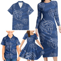 Aloha Hawaii Acacia Koa Leaves Family Matching Long Sleeve Bodycon Dress and Hawaiian Shirt Navy Kakau Tribal Pattern