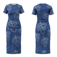 Aloha Hawaii Acacia Koa Leaves Family Matching Short Sleeve Bodycon Dress and Hawaiian Shirt Navy Kakau Tribal Pattern
