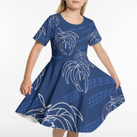 Aloha Hawaii Acacia Koa Leaves Kid Short Sleeve Dress Navy Kakau Tribal Pattern