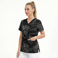 Aloha Hawaii Acacia Koa Leaves Scrub Top Black Kakau Tribal Pattern LT05 - Polynesian Pride